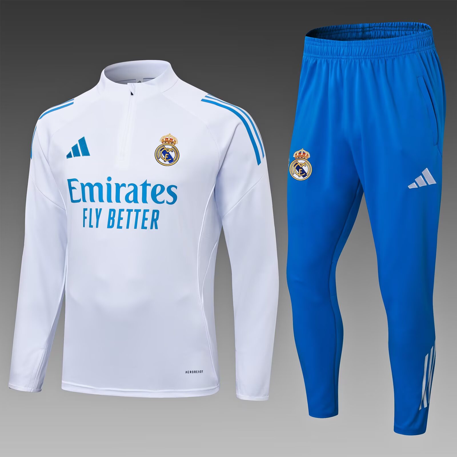 18648ca2b39bc106a390a12fb9c2748e05d29c2e 2025/2026 Real Madrid Half-Pull Training Suit White Blue Pants Football Shirt 1:1 Thai Quality Set - Image 1