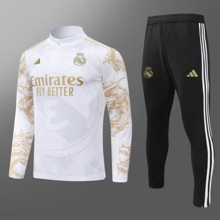 2024/2025 Real Madrid Half-Pull Training Suit Dragon-Patterned White Football Shirt 1:1 Thai Quality Set
