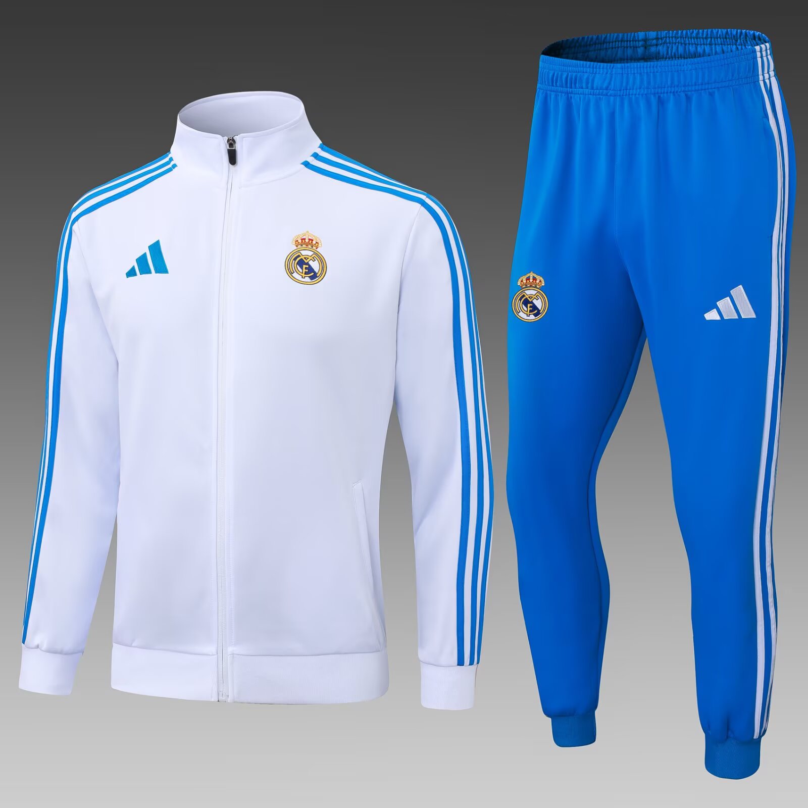47784d09a7dbdfe2c3cf97076f778cb8f697e7f0 2025/2026 Real Madrid Long Zipped Jacket White Blue Pants Football Shirt 1:1 Thai Quality Set - Image 1