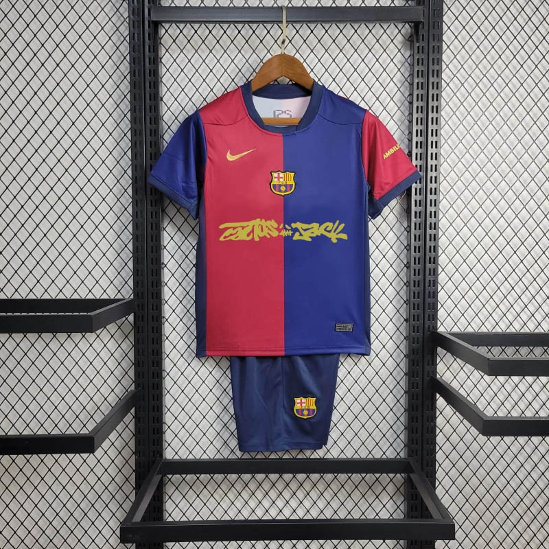 7087c96a7a2465a31b56fef6195ca281476f993c 2024/2025 Barcelona Home Travis Scott Joint Edition Football Shirt 1:1 Thai Quality Kids Size - Image 1